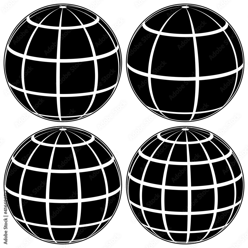 Poster set black globe 3D model of the Earth or of the planet, model of the celestial sphere with coordinate grid, vector field with stripes and lines Meridian and parallel