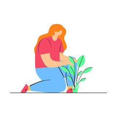 Fototapeta na wymiar girl caring for plants in the garden. Female character enjoying her hobby. Flat cartoon colorful vector illustration.