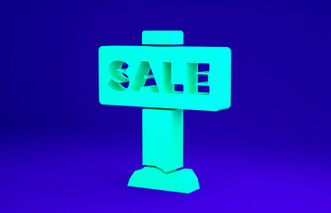 Green Hanging sign with text Sale icon isolated on blue background. Signboard with text Sale. Minimalism concept. 3d illustration 3D render.