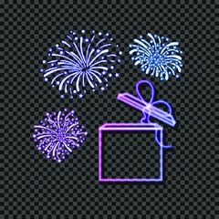 Vector Neon Gift Box and Firework Explosions on the Background, Illustration Glowing in the Dark, Isolated Objects, Gradient Colors.
