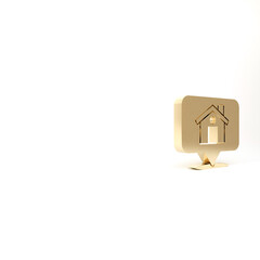 Gold Map pointer with house icon isolated on white background. Home location marker symbol. 3d illustration 3D render.