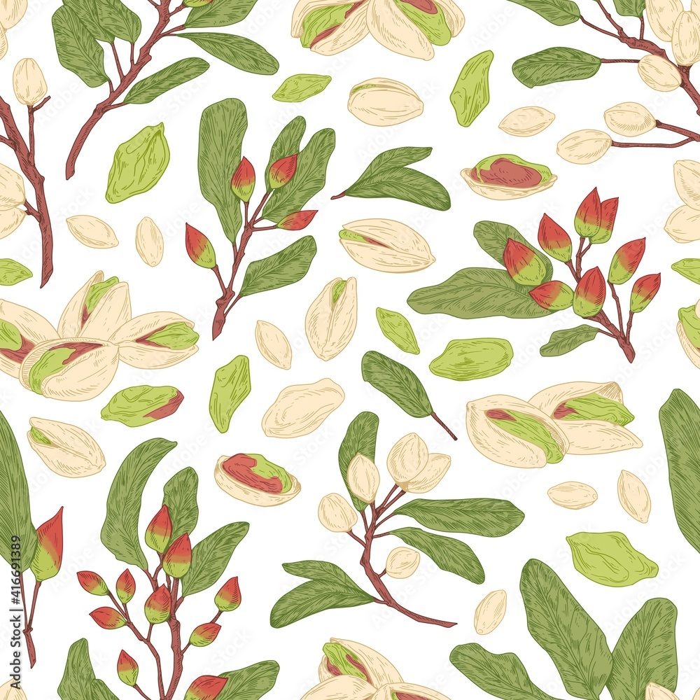 Aufkleber Seamless pistachio pattern with nuts, shells, branches and leaves. Endless texture with realistic pistaches on white background. Hand-drawn colored vector illustration for printing