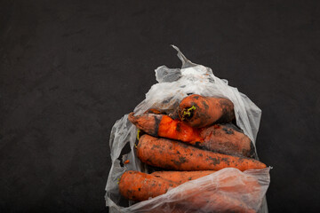 Moldy spoiled carrots. Dark background, selective focus. Ugly rotten vegetables. Improper food...