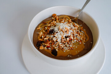 Healthy breakfast. Fresh granola muesli with yogurt Bowl of muesli