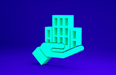 Green Skyscraper icon isolated on blue background. Metropolis architecture panoramic landscape. Minimalism concept. 3d illustration 3D render.