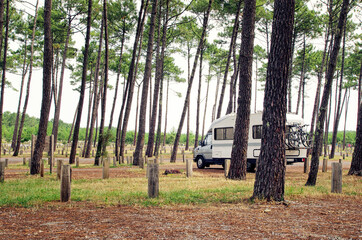 Campervan. Travelling with van and bicycles. Motor home. Van life concept. Travel in Europe.