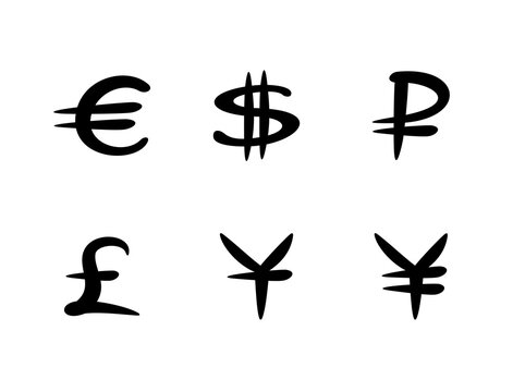 Money signs in calligraphic style. Handwritten currency symbols isolated on white background. Icons set vector illustration