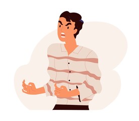 Furious angry man shouting and screaming with rage. Outraged guy with aggressive face expression scolding and yelling in anger. Colored flat vector illustration isolated on white background
