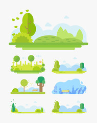 City Park landscape flat vector cartoon illustration set