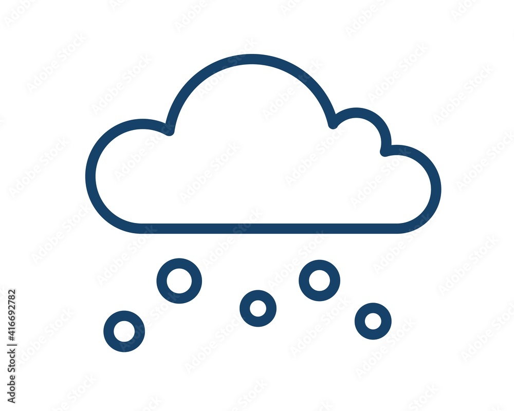Poster Simple icon with snow or hail falling from cloud. Snowy weather logo in line art style. Contoured flat vector illustration isolated on white background