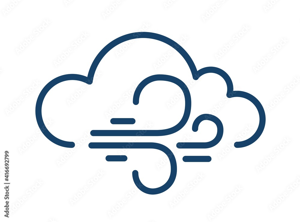 Aufkleber Abstract simple icon of windy weather in line art style with cloud and curved lines of blowing wind isolated on white background. Linear flat vector illustration