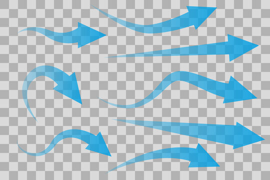 Set of transparent blue arrows showing air flow isolated on transparent background. Flat style. Vector