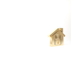 Obraz na płótnie Canvas Gold House under protection icon isolated on white background. Home and lock. Protection, safety, security, protect, defense concept. 3d illustration 3D render.