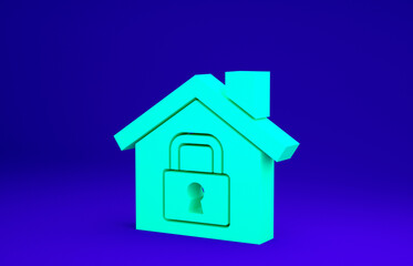 Green House under protection icon isolated on blue background. Home and lock. Protection, safety, security, protect, defense concept. Minimalism concept. 3d illustration 3D render.