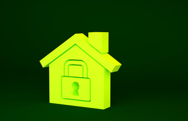 Yellow House under protection icon isolated on green background. Home and lock. Protection, safety, security, protect, defense concept. Minimalism concept. 3d illustration 3D render.