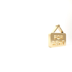 Gold Hanging sign with text For Rent icon isolated on white background. Signboard with text For Rent. 3d illustration 3D render.