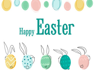Cute Happy Easter templates with eggs, flowers, bunny and typographic design.