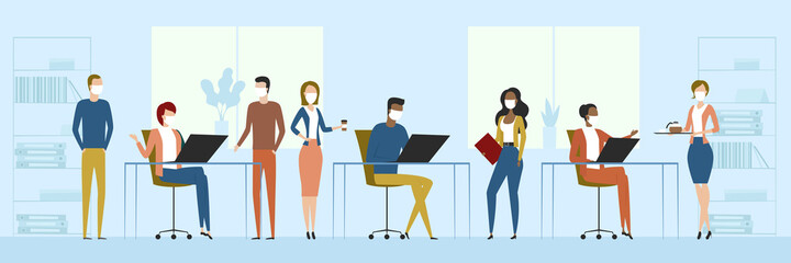 Employees in masks working in open plan office. Vector illustration.