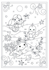 Black and White Cartoon llustrations of Funny Sea Life Animals, Mermaid  and Fish Mascot Characters Group for Children for Coloring Book