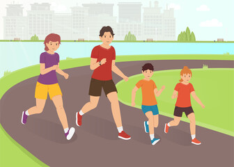 Family jogging in the park. A happy family leads an active lifestyle. Outdoor activity vector illustration