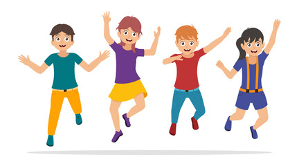 Happy kids jumping, boys and girls have fun, characters in cartoon style. Vector illustration