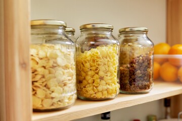 Kitchen pantry, wooden shelves with jars and containers with food, food storage.