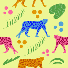 Hand drawn seamless pattern of cheetah and palm leaves. 