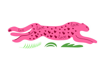 Hand drawn running cheetah with hearts and text love. Modern flat illustration.