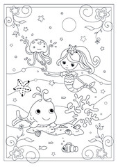 Black and White Cartoon llustrations of Funny Sea Life Animals, Mermaid  and Fish Mascot Characters Group for Children for Coloring Book