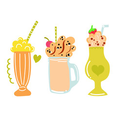 Hand drawn set of milkshakes. Summer time, sweet drink, cute cocktails concept. Modern flat illustration.