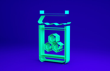 Green Jar of honey icon isolated on blue background. Food bank. Sweet natural food symbol. Minimalism concept. 3d illustration 3D render.