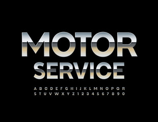 Vector modern logo Motor Service. Glossy silver Font. Stainless steel Alphabet Letters and Numbers set