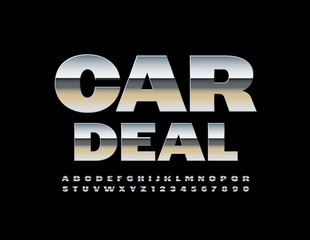 Vector modern template Car Deal. Metallic Bold Font. Silver Alphabet Letters and Numbers set