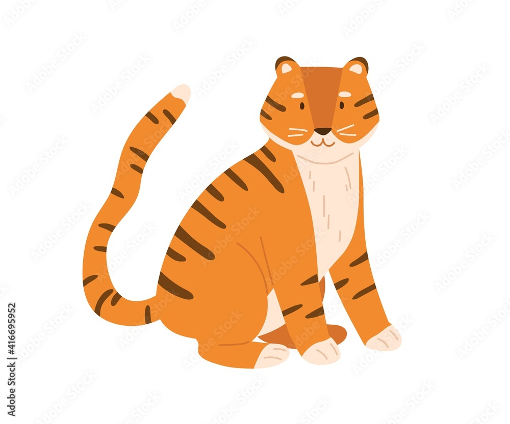 Poster Cute little tiger cub sitting with tail raised up. Baby animal character with smiling friendly muzzle. Colored flat vector illustration of young tigress isolated on white background