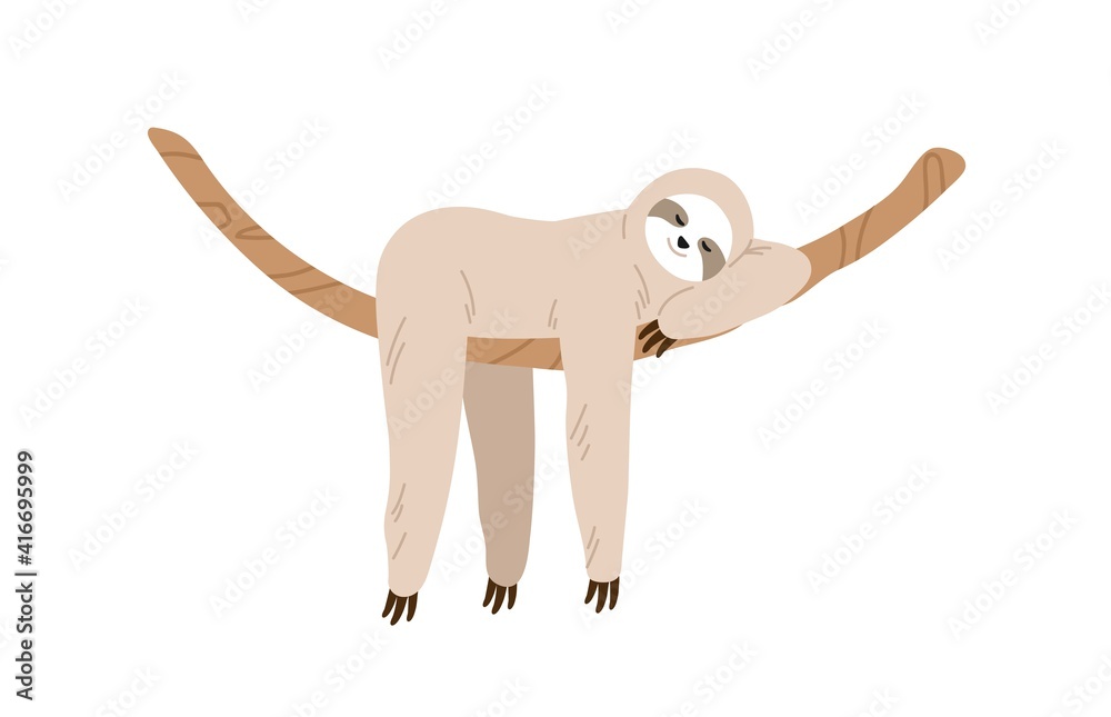 Poster cute and funny sloth hanging on tree branch and sleeping. slow and lazy animal relaxing on liana. ba