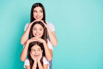 Photo portrait of three sisters different generations smiling looking blank space funny isolated...
