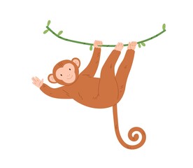 Cute baby monkey hanging on tree branch, swinging and waving with paw. Colored flat vector illustration of smiling and playing animal character isolated on white background © Good Studio