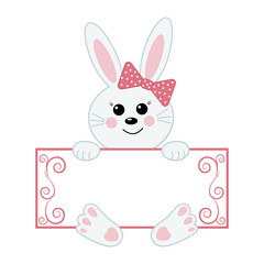 Cute bunny character with greeting card, vector isolated illustration in flat style