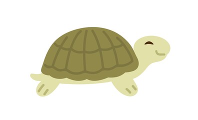 Cute and funny green turtle with shell. Side view of happy tortoise character crawling. Colored flat vector illustration of baby animal isolated on white background
