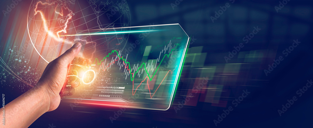 Wall mural digital of virtual marketing in situations with business and finance networking on interface online 