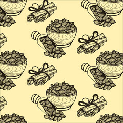seamless pattern with food, seeds of almond and bunch of cinammon sticks background, spices for cooking vector illustration for print paper wrap or wallpaper