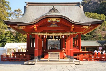Red architecture, Maiden dance stage at Tsurugaoka Hachimangu Shrine in Kamakura, Kanagawa...