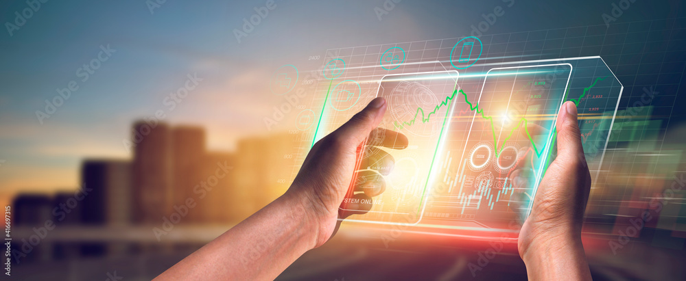 Wall mural digital of virtual marketing in situations with business and finance networking on interface online 