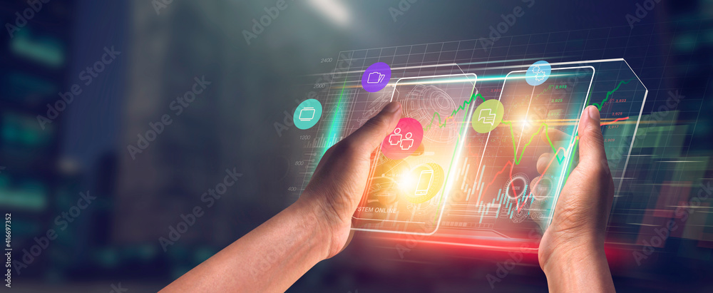 Wall mural digital of virtual marketing in situations with business and finance networking on interface online 