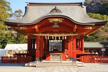 Red architecture, Maiden dance stage at Tsurugaoka Hachimangu Shrine in Kamakura, Kanagawa prefecture, Japan - 鎌倉 鶴岡八幡宮 舞殿