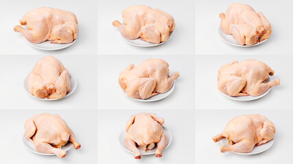collage. carcass of raw chicken on a white plate on a white background. 
