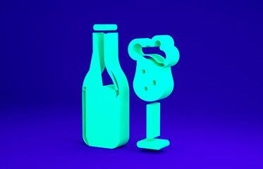 Green Beer bottle and glass icon isolated on blue background. Alcohol Drink symbol. Minimalism concept. 3d illustration 3D render.