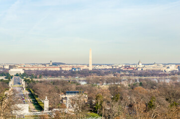 Fototapeta na wymiar Famous Washington DC Skyline. Aerial View of the Capital of the United States of America. Panoramic View of Potomac River, Washington Monument and Capitol Building.