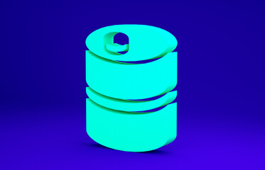 Green Metal beer keg icon isolated on blue background. Minimalism concept. 3d illustration 3D render.