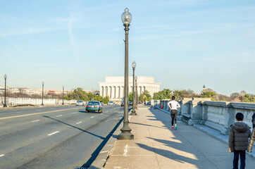 Arlington Bridge Leads to Lincoln Memorial in Washington DC, USA. Vehicles Crossing the Bridge and...